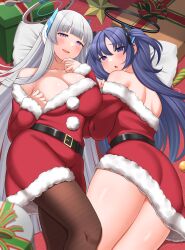 Rule 34 | 2girls, absurdres, alternate costume, bare legs, belt, black belt, blue archive, blue eyes, blue hair, blush, box, breasts, brown pantyhose, christmas, cleavage, commentary request, gift, gift box, grey hair, halo, highres, large breasts, long hair, looking at viewer, mechanical halo, multiple girls, nekojima, noa (blue archive), open mouth, pantyhose, santa costume, smile, thighs, two side up, yuuka (blue archive)