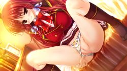 Rule 34 | 1girl, bed, blush, censored, clochette (company), clothing aside, dutch angle, game cg, long hair, panties, panties aside, prism recollection!, pussy juice, red eyes, red hair, renjou sayaka, school uniform, shintarou, smile, socks, solo, spread legs, underwear