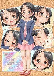 Rule 34 | 1girl, :d, :t, ^ ^, animal, black hair, blue jacket, blush, character name, closed eyes, closed mouth, commentary request, dated, dress, flower, grey eyes, hair flower, hair ornament, hairclip, happy birthday, highres, idolmaster, idolmaster cinderella girls, jacket, multiple views, nose blush, open mouth, parted lips, photo (object), pink dress, pleated dress, pout, rabbit, rabbit hair ornament, regular mow, sasaki chie, smile, white flower
