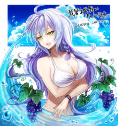 Rule 34 | 10s, 1girl, ahoge, bikini, bracelet, breast hold, breasts, cleavage, cloud, copyright name, day, food, fruit, granblue fantasy, grapes, hair ornament, jewelry, large breasts, leaf, light purple hair, long hair, mikan (aquacomet), open mouth, partially submerged, silva (granblue fantasy), silver hair, solo, swimsuit, upper body, water, water drop, white bikini, yellow eyes
