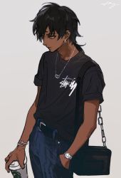 Rule 34 | 1boy, arknights, bag, belt, black belt, black hair, black shirt, blue pants, closed mouth, cowboy shot, cup, dark-skinned male, dark skin, earrings, hand in pocket, highres, holding, holding cup, hong 3740, jewelry, long hair, looking away, male focus, necklace, pants, ponytail, shirt, short sleeves, shoulder bag, signature, simple background, sketch, solo, standing, thorns (arknights), watch, white background, wristwatch, yellow eyes