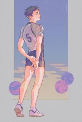 Rule 34 | 1boy, akaashi keiji, ball, full body, grey eyes, grey hair, haikyuu!!, highres, looking at viewer, looking back, male focus, profile, shoes, short hair, simple background, sneakers, solo, sportswear, standing, twitter username, volleyball uniform, wsr cao rong rong