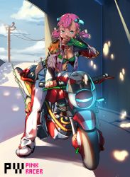 Rule 34 | 1girl, bikini, bikini top only, blue eyes, breasts, cleavage, cloud, dark-skinned female, dark skin, day, english text, full body, green bikini, haikeb89, hair ornament, hairclip, jacket, long sleeves, low twintails, medium breasts, motor vehicle, motorcycle, open clothes, open jacket, original, outdoors, pants, pink hair, power lines, shoes, short twintails, solo, swimsuit, twintails, unzipped
