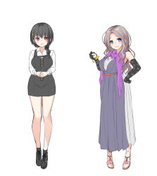 Rule 34 | 2girls, asa no ha (awayuki), black footwear, black gloves, black hair, blue eyes, dress, elbow gloves, gloves, grey hair, hair ornament, hairclip, hand on own hip, highres, long sleeves, multiple girls, official art, own hands together, pencil skirt, pocket watch, purple scarf, red eyes, scarf, simple background, skirt, standing, watch, white background
