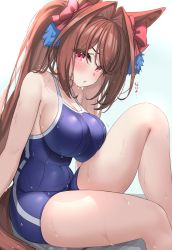 Rule 34 | 1girl, animal ears, blue background, bow, breast press, breasts, covered navel, daiwa scarlet (umamusume), gradient background, hair bow, highres, horse ears, horse tail, kibihimi, large breasts, long hair, looking at viewer, one-piece swimsuit, red bow, red eyes, red hair, school swimsuit, sitting, solo, swimsuit, tail, thighs, twintails, umamusume, wet