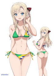 Rule 34 | 1girl, absurdres, arm behind back, ass, asymmetrical bangs, back, beads, bikini, blonde hair, blue eyes, braid, brazilian flag bikini, breasts, cleavage, closed mouth, commentary request, commission, gluteal fold, hair beads, hair ornament, hair ribbon, halterneck, hand in own hair, high school fleet, highres, inoshira, large breasts, looking at viewer, looking back, multiple views, navel, open mouth, pixiv commission, red ribbon, ribbon, side-tie bikini bottom, side braid, simple background, smile, standing, string bikini, swimsuit, thigh gap, thong, twitter username, white background, wilhelmina braunschweig ingenohl friedeburg