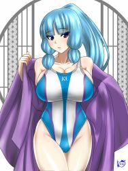 Rule 34 | 1girl, artist logo, blue eyes, blue hair, breasts, collarbone, competition swimsuit, cowboy shot, hair ribbon, highres, large breasts, looking at viewer, one-piece swimsuit, original, ponytail, purple robe, ribbon, robe, solo, standing, swimsuit, tress ribbon, undressing, yurizuku owl
