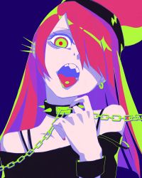 Rule 34 | 1girl, bad id, bad pixiv id, collar, earrings, green eyes, hair over one eye, head tilt, hecatia lapislazuli, highres, jewelry, long hair, nail polish, open mouth, red hair, red nails, simple background, solo, spikes, teeth, tongue, tongue out, touhou, upper body, wrist cuffs, zaonyan