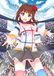 Rule 34 | 1girl, amami haruka, armband, asymmetrical legwear, black skirt, blue sky, blue thighhighs, breasts, brown hair, choker, chrisandita, cloud, cloudy sky, collar, collared shirt, cowboy shot, day, dress, eyebrows, flower, frilled skirt, frills, glowstick, green eyes, hair between eyes, hair flower, hair ornament, hair ribbon, highres, idolmaster, idolmaster (classic), idolmaster movie, jewelry, light rays, long sleeves, looking at viewer, medium breasts, mismatched legwear, open mouth, outdoors, red flower, red rose, red thighhighs, ribbon, rose, shirt, short hair, simple background, skirt, sky, smile, solo, stadium, standing, starpiece memories, sunlight, thighhighs, two side up, uneven legwear, upper body, white ribbon, white shirt