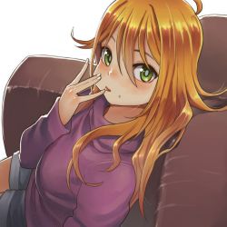 Rule 34 | 1girl, ahoge, blonde hair, blush, breasts, bright pupils, cheek bulge, chiaki rakutarou, couch, denim, denim shorts, eating, food, food on face, from above, from side, green eyes, hair between eyes, highres, hoshii miki, idolmaster, idolmaster (classic), long hair, long sleeves, looking at viewer, looking to the side, medium breasts, nose blush, on couch, purple sweater, shorts, simple background, sitting, solo, sweater, white background