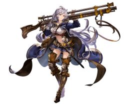 Rule 34 | 10s, 1girl, bag, belt, blue hair, brown eyes, detached sleeves, full body, granblue fantasy, gun, long coat, long hair, looking away, midriff, minaba hideo, miniskirt, official art, rifle, silva (granblue fantasy), simple background, skirt, solo, standing, sword, thighhighs, transparent background, weapon, white background