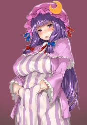 Rule 34 | 1girl, absurdres, bad id, bad pixiv id, belly, belly grab, blue bow, blue ribbon, blush, bow, breasts, crescent, dress, fang, frilled sleeves, frills, hair ribbon, hat, hat ribbon, highres, large breasts, long hair, looking at viewer, mob cap, open mouth, patchouli knowledge, plump, po. (medamaoyazi), purple eyes, purple hair, red bow, red ribbon, ribbon, simple background, solo, striped clothes, striped dress, touhou, very long hair, weight conscious