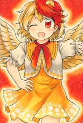 Rule 34 | 1girl, animal, animal on head, bird, bird on head, bird wings, blonde hair, chick, chicken, commentary request, cowboy shot, dress, feathered wings, highres, maa (forsythia1729), marker (medium), multicolored hair, niwatari kutaka, on head, one eye closed, open mouth, orange dress, red background, red hair, red ribbon, ribbon, shirt, touhou, traditional media, two-tone hair, white shirt, wings