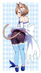 Rule 34 | 10s, 1boy, absurdres, animal ears, ass, bare shoulders, blue ribbon, blue thighhighs, bob cut, bow, brown hair, cat boy, cat ears, cat tail, come hither, detached sleeves, dress, dress bow, eyelashes, felix argyle, frilled dress, frilled thighhighs, frills, hair bow, hair ribbon, highres, izuthree, large bow, leaning, leaning forward, looking back, male focus, naughty face, pantyhose, parted bangs, re:zero kara hajimeru isekai seikatsu, ribbon, short dress, short eyebrows, short hair, smile, solo, striped clothes, striped dress, striped pantyhose, striped ribbon, striped thighhighs, tail, thick eyebrows, thighhighs, thighhighs over pantyhose, tongue, tongue out, trap, underwear, upskirt, vertical-striped clothes, vertical-striped dress, vertical-striped thighhighs, white bow, yellow eyes