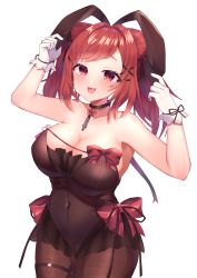 Rule 34 | 1girl, :3, :d, absurdres, animal ears, arms up, azur lane, bare shoulders, black choker, blush, bow, breasts, cat ears, cat girl, choker, cleavage, collarbone, commentary request, covered navel, cowboy shot, fake animal ears, fang, frilled leotard, frills, gloves, hair intakes, hair ornament, highres, i-19 (azur lane), i-19 (blossoming bunny) (azur lane), large breasts, leotard, long hair, looking at viewer, making-of available, official alternate costume, open mouth, pantyhose, partial commentary, playboy bunny, purple bow, rabbit ears, red eyes, red hair, ribbon, sidelocks, simple background, sino rameko, smile, solo, standing, strapless, strapless leotard, thigh strap, torpedo, twintails, white background, white gloves, wrist ribbon, x hair ornament