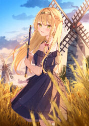 Rule 34 | 1girl, :d, alternate costume, atelier (series), atelier ryza, atelier ryza 1, black dress, blonde hair, braid, cloud, commentary request, dress, flute, french braid, from side, green eyes, hairband, highres, holding, holding instrument, instrument, klaudia valentz, long hair, looking at viewer, looking to the side, official art, open mouth, outdoors, senri (senri sen), sky, smile, solo, spaghetti strap, wheat field, windmill