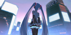 Rule 34 | 1girl, arms behind back, black skirt, black sleeves, black thighhighs, blue hair, blurry, blurry background, building, city, commentary, detached sleeves, from behind, hatsune miku, highres, ishida (segu ishida), long hair, outdoors, pleated skirt, real world location, shibuya (tokyo), shirt, skirt, sleeveless, sleeveless shirt, solo, tattoo, thighhighs, tokyo (city), twintails, very long hair, vocaloid, white shirt