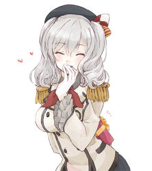Rule 34 | 1girl, ^ ^, arm behind back, beret, black hat, black skirt, box, breasts, closed eyes, enu (roco roco44), epaulettes, gift, gift box, gloves, hair ribbon, hand up, hat, heart, jacket, kantai collection, kashima (kancolle), large breasts, long hair, long sleeves, neckerchief, pleated skirt, red neckerchief, ribbon, silver hair, simple background, skirt, smile, solo, white background, white gloves, white jacket, wide sleeves