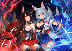 Rule 34 | 2girls, absurdres, aircraft, aircraft carrier, airplane, akagi (azur lane), animal ears, azur lane, black gloves, black kimono, black legwear, blue eyes, blue skirt, breast press, breasts, brown hair, cleavage, cleavage cutout, clothing cutout, cloud, cloudy sky, cowboy shot, fire, fox ears, fox girl, fox mask, fox shadow puppet, fox tail, gloves, grin, hakama, hakama short skirt, hakama skirt, highres, holding, holding mask, japanese clothes, kaga (azur lane), kimono, kitsune, large breasts, leaning back, leaning forward, long hair, looking at viewer, mask, military, military vehicle, mk (lazymk), multiple girls, multiple tails, outdoors, pleated skirt, red eyes, red skirt, ship, short hair, silver hair, skirt, sky, slit pupils, smile, symmetrical docking, tail, thighhighs, thighs, very long hair, warship, watercraft, white kimono, wide sleeves