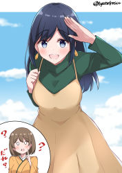 Rule 34 | 2girls, ?, blouse, blue eyes, blue hair, blue sky, breasts, brown dress, brown hair, chaa (korone-ze), cloud, cloudy sky, cowboy shot, day, dress, earrings, green shirt, hair between eyes, highres, hiryuu (kancolle), japanese clothes, jewelry, kantai collection, kimono, large breasts, long sleeves, looking at another, medium hair, multiple girls, official alternate costume, one side up, orange kimono, outdoors, shirt, short hair, sky, souryuu (kancolle), twitter username
