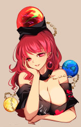 Rule 34 | 1girl, bare shoulders, beige background, black choker, black shirt, breasts, chain, choker, cleavage, clothes writing, collarbone, commentary request, earrings, earth (ornament), gold chain, hand on own face, hecatia lapislazuli, highres, jewelry, large breasts, lips, looking at viewer, medium hair, moon (ornament), off-shoulder shirt, off shoulder, one-hour drawing challenge, pointy ears, raptor7, shirt, simple background, solo, t-shirt, touhou
