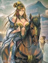 Rule 34 | 1girl, abdominal line, animal, bare shoulders, breasts, brown eyes, brown hair, chinese clothes, cleavage, copyright name, dress, hair ornament, hanfu, homare (fool&#039;s art), horse, horseback riding, large breasts, lipstick, long hair, looking at viewer, makeup, navel, outdoors, riding, sangokushi taisen, solo focus, wide sleeves, yang yi