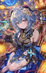 Rule 34 | 1girl, absurdres, ahoge, architecture, bare shoulders, bell, black gloves, blue dress, blue hair, breasts, building, china dress, chinese clothes, chinese knot, dress, east asian architecture, flower, ganyu (genshin impact), ganyu (twilight blossom) (genshin impact), genshin impact, gloves, goat horns, gold trim, hair flower, hair ornament, hand up, highres, horns, lantern, large breasts, looking at viewer, neck bell, on roof, on rooftop, pagoda, pelvic curtain, purple eyes, rooftop, sidelocks, sitting, sitting on roof, sky, solo, torino aqua, vision (genshin impact)