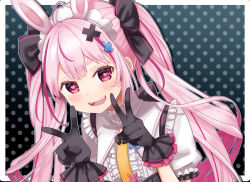 Rule 34 | 1girl, :d, ahoge, animal ears, arime hotaru, blush, center frills, collared shirt, double v, fangs, frilled shirt collar, frilled sleeves, frills, gloves, hair ornament, hairband, heart, heart-shaped pupils, highres, indie virtual youtuber, lolita hairband, long hair, looking at viewer, multicolored hair, necktie, open mouth, pink eyes, pink hair, rabbit ears, shirt, short sleeves, smile, solo, streaked hair, suspenders, symbol-shaped pupils, tomari mari, twintails, two-tone hair, v, virtual youtuber, x hair ornament