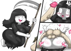 Rule 34 | !?, 1boy, 1girl, ass, black hair, breasts, clothed sex, clothes, death (entity), enigi09, erection, grim reaper, heart, highres, holding, holding scythe, huge ass, huge breasts, huge penis, long hair, no pupils, original, penis, scythe, simple background, speech bubble, surprised, veins, veiny penis, white backgroundb