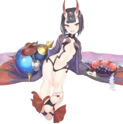 Rule 34 | 1girl, ankle ribbon, barefoot, breasts, commentary request, cup, fate/grand order, fate (series), feet, food, fruit, gi (melmail), grapes, horns, japanese clothes, kimono, leg ribbon, legs, long toenails, looking at viewer, navel, no shoes, oni, open mouth, peach, purple eyes, purple hair, ribbon, sakazuki, short hair, shuten douji (fate), shuten douji (first ascension) (fate), simple background, sitting, skin-covered horns, small breasts, smile, soles, solo, toenails, toes, white background