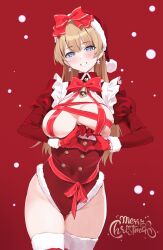 Rule 34 | 1girl, bell, blonde hair, blue eyes, blush, breasts, buttons, cleavage, double-breasted, fur-trimmed headwear, fur-trimmed thighhighs, fur trim, grin, hat, heart, heart hands, highleg, highleg leotard, highres, jingle bell, large breasts, leotard, long hair, long sleeves, looking at viewer, merry christmas, original, red hat, red leotard, red ribbon, red theme, ribbon, santa costume, santa hat, smile, solo, thighhighs, yd (orange maru)