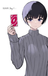 Rule 34 | 1girl, black hair, cait aron, closed mouth, commentary, english commentary, grey sweater, hand up, highres, holding, long sleeves, looking at viewer, no nut november, original, purple eyes, short hair, simple background, solo, sweater, turtleneck, turtleneck sweater, uno (game), uno reverse card, upper body, white background