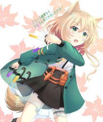 Rule 34 | 1girl, animal ear fluff, animal ears, arknights, between fingers, black footwear, black skirt, blonde hair, blush, boots, commentary request, fang, feet out of frame, floral background, green eyes, green jacket, hair between eyes, highres, holding, jacket, knee boots, looking away, open clothes, open jacket, open mouth, pleated skirt, podenco (arknights), see-through, shirt, sills, skirt, solo, tail, translation request, v-shaped eyebrows, vial, white background, white shirt