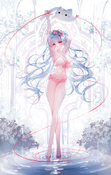 Rule 34 | 1girl, animal, arm behind head, armpits, arms up, bare arms, bare shoulders, breasts, cat, cleavage, commentary, flower, full body, grey hair, hair flower, hair ornament, highres, large breasts, long hair, long legs, navel, original, parted lips, pink shorts, puddle, red eyes, red flower, red footwear, red rose, ripples, rose, see-through, shoes, short shorts, shorts, solo, standing, string, string of fate, symbol-only commentary, tandohark, thighs, very long hair, water, white cat