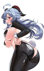 Rule 34 | 1girl, adjusting clothes, ahoge, ass, blue hair, blush, breasts, fake tail, from below, from side, ganyu (genshin impact), genshin impact, heart pasties, highres, horns, large breasts, latex, latex legwear, leotard, long hair, low ponytail, meme attire, mikan03 26, open mouth, pasties, playboy bunny, purple eyes, revealing clothes, reverse bunnysuit, reverse outfit, solo, standing, tail, underboob, white background, wrist cuffs