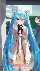 Rule 34 | 1girl, 2boys, blue eyes, blue hair, blush, coat, commentary request, hair between eyes, hatsune miku, highres, holding, holding umbrella, long hair, long sleeves, looking at viewer, multiple boys, outdoors, pentagon (railgun ky1206), rain, smile, solo focus, twintails, umbrella, very long hair, vocaloid