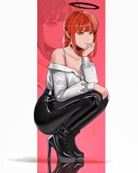 Rule 34 | 1girl, bare shoulders, black choker, black footwear, black pants, chainsaw man, choker, commentary, halo, high heels, highres, leggings, long hair, long sleeves, looking at viewer, makima (chainsaw man), notgustiarp, off shoulder, pants, red hair, shirt, smile, squatting, thighs, white shirt, yellow eyes, zoom layer