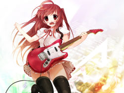 Rule 34 | 1girl, bad id, bad pixiv id, blush, electric guitar, guitar, highres, instrument, long hair, md5 mismatch, open mouth, original, red eyes, red hair, scarlet (studioscr), skindentation, skirt, solo, thighhighs, twintails