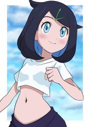Rule 34 | 1girl, aqua eyes, black hair, blush, border, clenched hand, closed mouth, colored inner hair, commentary request, cowlick, creatures (company), cropped shirt, eyelashes, game freak, hainchu, hair ornament, hairclip, highres, liko (pokemon), looking to the side, multicolored hair, navel, nintendo, outside border, pokemon, pokemon (anime), pokemon horizons, shirt, short sleeves, skirt, smile, solo, white border, white shirt