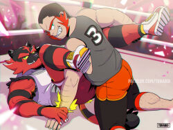 Rule 34 | 2boys, ass, bara, creature and personification, creatures (company), crowd, facial hair, feet out of frame, from side, furry, furry male, furry with non-furry, game freak, gen 7 pokemon, goatee stubble, huge eyebrows, humanization, incineroar, interspecies, large pectorals, looking at viewer, male focus, multiple boys, muscular, muscular male, mutton chops, nintendo, paid reward available, pectorals, pokemon, seductive smile, sharp teeth, smile, sparse arm hair, sparse leg hair, stubble, submission hold, tank top, teeth, toraboi, white tank top, wrestling, wrestling outfit, wrestling ring, yaoi