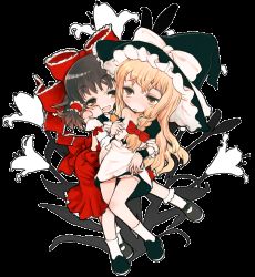 Rule 34 | 2girls, blonde hair, grabbing another&#039;s breast, breasts, brown hair, detached sleeves, female focus, flat chest, flower, grabbing, hakurei reimu, hat, japanese clothes, kirisame marisa, lily (flower), long hair, miko, multiple girls, okome (ricecandy), ricecandy, small breasts, touhou, transparent background, witch hat, yuri
