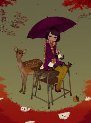 Rule 34 | 1girl, autumn, beads, bird, chair, coat, deer, desk, food, fruit, ichikawa, leaf, orange (fruit), original, paper, scarf, school desk, sitting, solo, umbrella