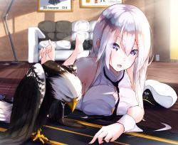 Rule 34 | 1girl, armpits, azur lane, bald eagle, bare shoulders, bird, black necktie, blush, breasts, buttons, character name, commentary request, couch, eagle, electrical outlet, enterprise (azur lane), eyelashes, fingernails, flight deck, hair between eyes, hat, unworn hat, unworn headwear, highres, indoors, large breasts, long hair, looking at viewer, lying, medal, military, military uniform, murata ryou, necktie, no jacket, no shoes, on stomach, open mouth, peaked cap, purple eyes, shirt, silver hair, sleeveless, sleeveless shirt, solo, sunlight, uniform, wall, white shirt, wooden floor