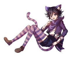 Rule 34 | 1boy, :d, alice in wonderland, animal ears, black hair, black shorts, bow, brown footwear, cat ears, cheshire cat (alice in wonderland), cheshire cat (alice in wonderland) (cosplay), cosplay, danganronpa (series), danganronpa v3: killing harmony, full body, gem, hand up, highres, jacket, long sleeves, male focus, multicolored hair, oma kokichi, open mouth, pink hair, pink jacket, pink thighhighs, shiny clothes, shoes, short hair, shorts, simple background, smile, solo, striped clothes, striped thighhighs, teeth, thighhighs, two-tone hair, upper teeth only, white background, yu no (yuu no 2)