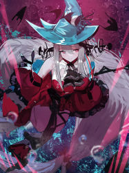 Rule 34 | 1girl, absurdres, arknights, ascot, bannouyakunta, black ascot, black ribbon, blue gloves, blue hat, blurry, blurry foreground, breasts, bubble, commentary request, depth of field, detached sleeves, dress, frilled dress, frills, full body, gloves, hair between eyes, hat, headpiece, highres, holding, holding staff, large breasts, leg ribbon, long hair, low-tied long hair, official alternate costume, parted lips, red dress, red eyes, ribbon, silver hair, skadi (arknights), skadi the corrupting heart (arknights), solo, staff, thigh ribbon, very long hair