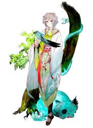 Rule 34 | bird, bird on hand, braid, cat, creature, facial mark, forehead mark, full body, grey eyes, grey hair, highres, japanese clothes, looking at viewer, nippon sake monogatari, official art, red eyes, sandals, smile, snake, solo, tongue, tongue out, transparent background, wide sleeves
