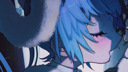 Rule 34 | 1boy, 1girl, album cover, blue hair, blush, close-up, closed eyes, cover, from side, hair ornament, hatsune miku, highres, numata zombie, open mouth, portrait, profile, sidelocks, solo focus, vocaloid