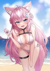Rule 34 | 1girl, absurdres, animal ear fluff, animal ears, antenna hair, bare shoulders, beach, bikini, black choker, blue sky, blush, braid, braided bun, breasts, chest belt, choker, cleavage, cloud, cloudy sky, collarbone, crown braid, day, double bun, fang, fingernails, hair bun, hakui koyori, heart, heart choker, highres, hololive, large breasts, leaning forward, long hair, looking at viewer, lotion bottle, nail polish, navel, ocean, open mouth, outdoors, pink hair, pink nails, pink tail, purple eyes, sand, side-tie bikini bottom, sky, smile, solo, stomach, swimsuit, tail, thigh strap, thighs, virtual youtuber, water, white bikini, wolf ears, wolf girl, wolf tail, yoppy paint