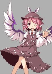 Rule 34 | 1girl, animal ears, asameshi, bad anatomy, bad leg, bird ears, bird wings, blush, brown dress, brown hat, dress, feet out of frame, frilled dress, frilled sleeves, frills, grey background, hat, long sleeves, mystia lorelei, one eye closed, open mouth, pink eyes, pink hair, short hair, simple background, smile, solo, touhou, white wings, winged hat, wings