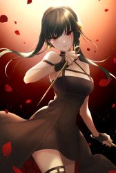 Rule 34 | 1girl, black dress, black hair, blush, breasts, cleavage, closed mouth, cowboy shot, dagger, dress, floating hair, flower, hair flower, hair ornament, hairband, highres, holding, holding weapon, knife, long hair, looking at viewer, medium breasts, nail polish, petals, q-v (levia), red eyes, red nails, short dress, sidelocks, sleeveless, sleeveless dress, smile, solo, spy x family, standing, stiletto (weapon), weapon, yellow flower, yellow hairband, yor briar